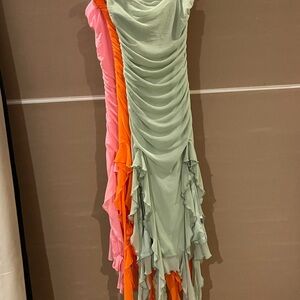 Vibrant Asymmetrical Dress in Green, Pink, and Orange